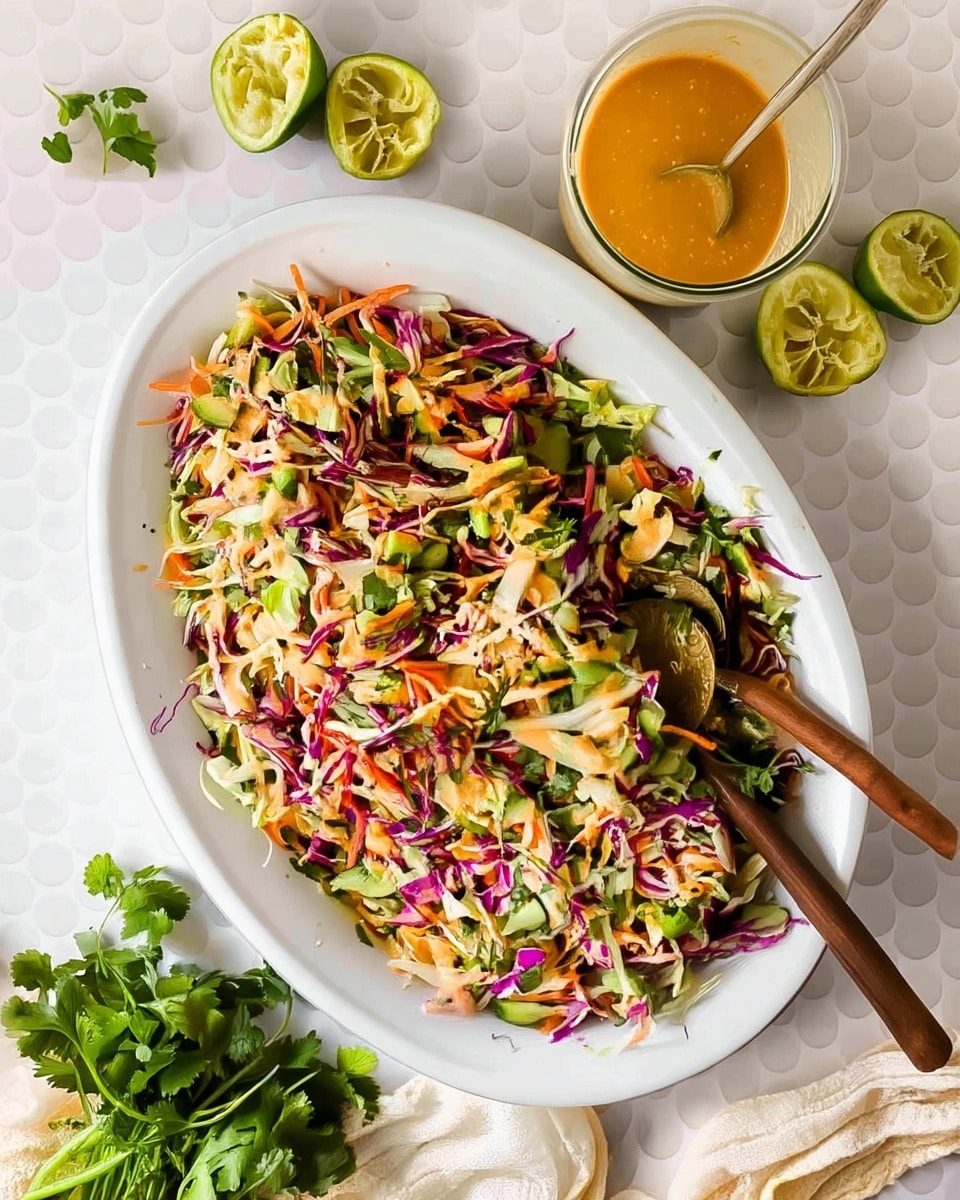 A large white oval plate holds a colorful mixed cabbage salad with layers of thinly sliced green cabbage, bright orange carrot strips, purple cabbage shreds, and green celery, all combined with fresh green herbs. The salad is drizzled lightly with a creamy orange dressing, giving it a slight shine. On the right side of the plate, two wooden-topped serving spoons rest embedded in the salad. To the upper right, there is a glass jar filled with the same orange dressing with a spoon inside, and next to it, two halves of a squeezed green lime. Fresh green parsley is visible at the bottom left corner, and a soft beige cloth napkin peeks into the frame at the bottom. The dish sits on a white marbled surface with a subtle circular dot pattern. photo taken with an iphone --ar 4:5 --v 7