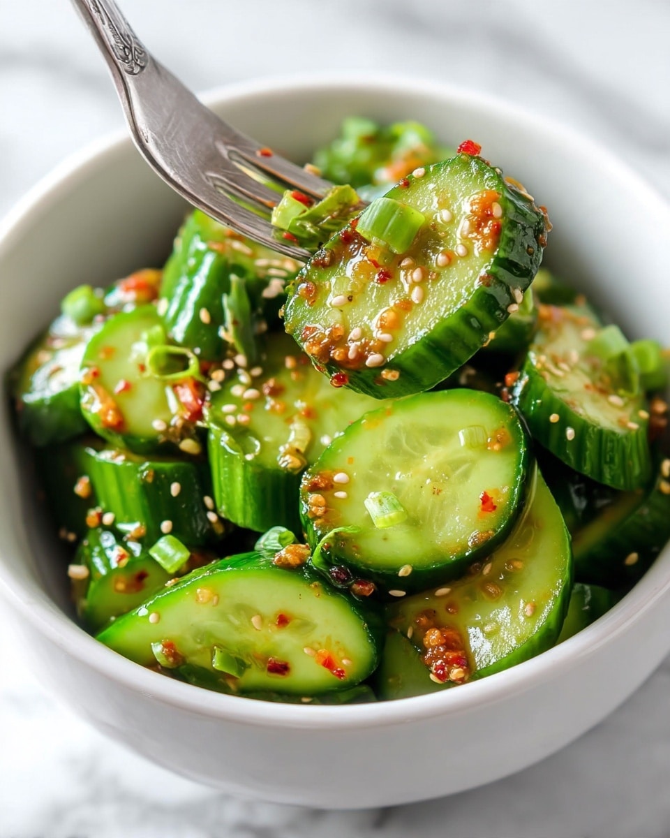 A close-up view of a white bowl filled with a fresh cucumber salad showing two layers: the bottom layer of bright green cucumber slices with their skin on, cut into thick rounds that show their light green interior and seeds, and the top layer of glossy dressing with small chili flakes and sesame seeds sprinkled all over, adding specks of red, light brown, and white. Scattered green onion pieces add a fresh touch throughout. A fork is lifting a few cucumber slices from the bowl, emphasizing the crunchy texture of the cucumbers. The whole scene is set on a white marbled surface. photo taken with an iphone --ar 4:5 --v 7