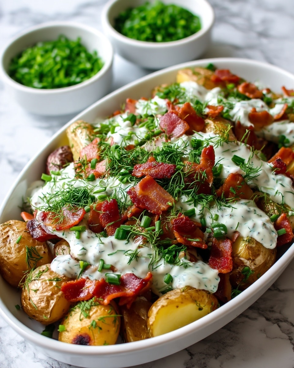 The image shows a white bowl filled with golden roasted potato wedges at the bottom layer, topped with crispy pieces of reddish-brown bacon scattered throughout. A creamy white sauce with green herb specks is drizzled generously over the potatoes and bacon. Fresh green chives and dill are finely sprinkled across the dish, adding a bright contrast to the warm tones of the potatoes and bacon. The bowl sits on a white marbled surface with small bowls of fresh chopped herbs nearby. photo taken with an iphone --ar 4:5 --v 7