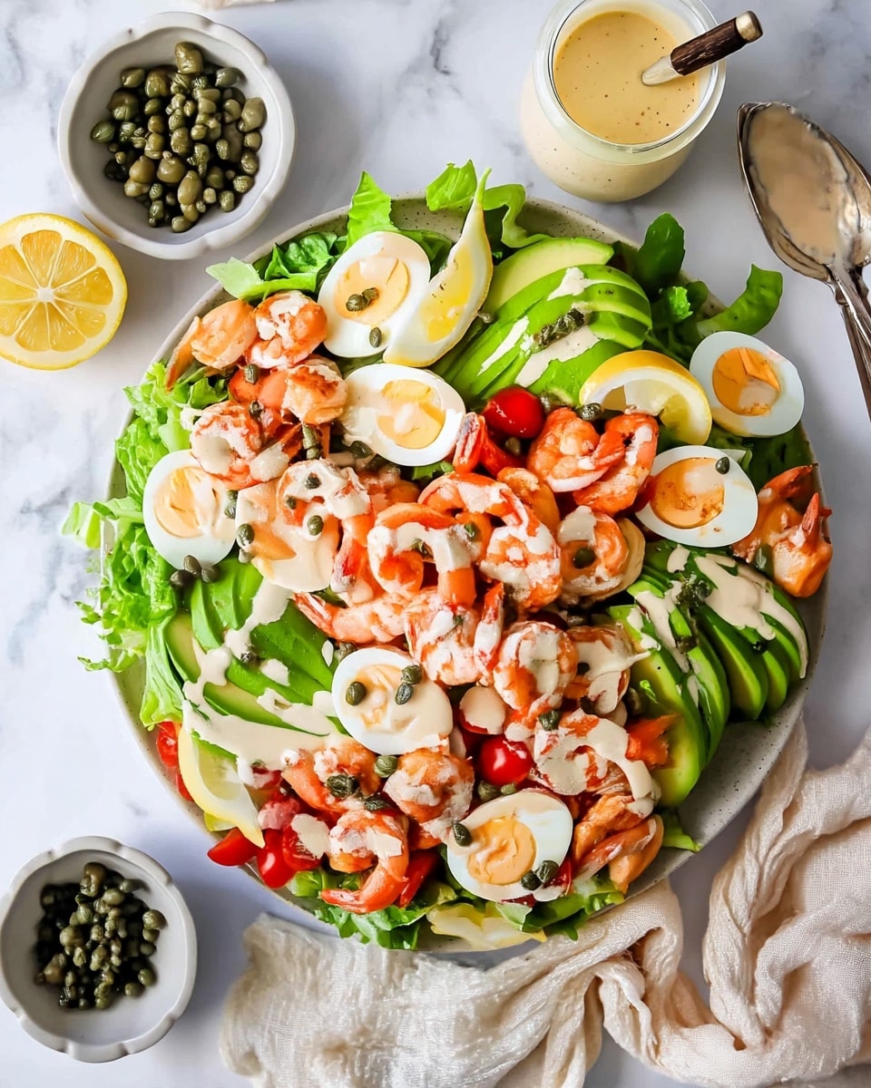 A white plate holds a fresh salad with a base layer of bright green lettuce leaves, topped with halved cherry tomatoes scattered around. On the right side, there are evenly sliced avocado fan layers showing light green color and smooth texture. Hard boiled eggs, cut into halves with yellow yolks and white edges, are placed around the plate. Pink cooked shrimp with a slight shine cover the center, drizzled with light creamy dressing and sprinkled with small green capers. Lemon wedges with yellow flesh rest near the avocado. The plate sits on a white marbled surface with a jar of creamy dressing and a spoon nearby, along with a small white bowl filled with capers. photo taken with an iphone --ar 4:5 --v 7