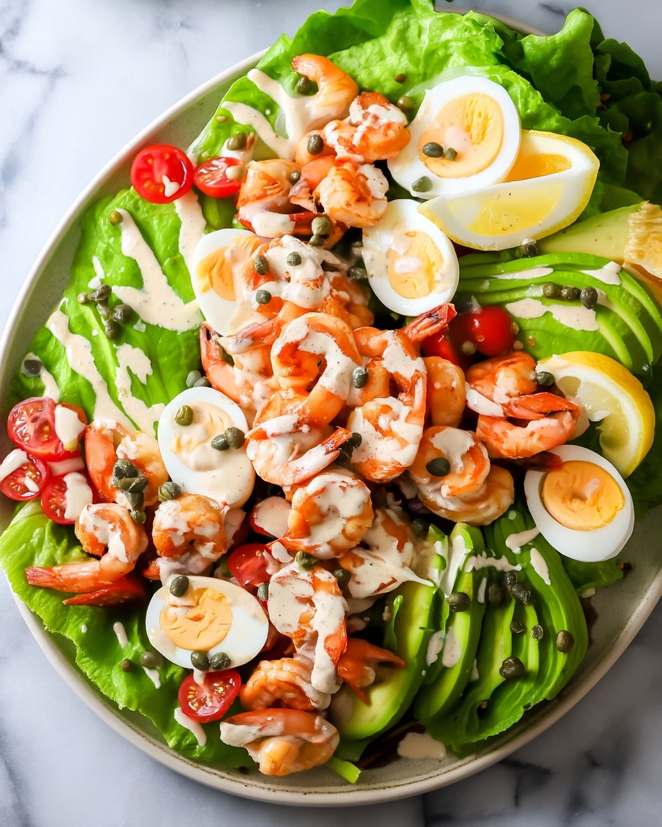 A fresh salad layered on a base of green lettuce leaves, topped with peeled cooked shrimp scattered all over. Around the shrimp are halved boiled eggs with creamy yolks, bright red cherry tomatoes, and slices of green avocado arranged in a neat fan shape on one side. There are small green capers sprinkled on top, along with lemon wedges placed around the edges. The whole salad is drizzled with a light creamy dressing. The dish sits on a white plate, placed on a white marbled surface. Photo taken with an iphone --ar 4:5 --v 7
