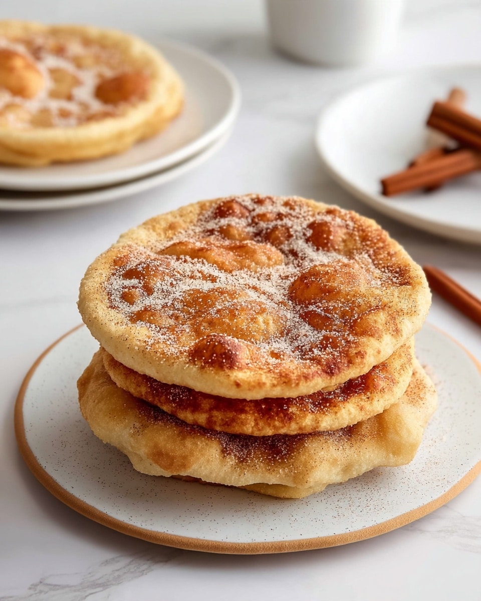 A stack of four round, flat fried breads sits on a white speckled plate with a light brown rim, placed on a white marbled surface. Each bread is golden brown with bubbly, uneven textures and is sprinkled generously with a mix of white sugar and cinnamon powder on top. The top bread looks lighter in color with more visible sugar grains, while the breads below have a richer golden-brown color. To the left, a white plate holds another piece of the same bread, and a cinnamon stick lies in the background on the white marbled surface. photo taken with an iphone --ar 4:5 --v 7