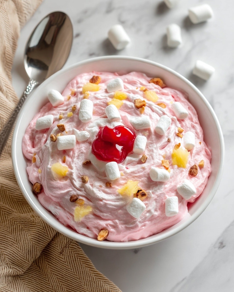 A white bowl filled with a pink whipped creamy mixture, swirled on top to show light and fluffy texture; scattered on the surface are small white mini marshmallows, light yellow pineapple pieces, and small brown nut pieces, with a glossy red cherry topping the center. The bowl sits on a white marbled texture surface, with a shiny silver spoon placed behind it and a few white mini marshmallows beside the bowl. A beige cloth with a herringbone pattern is partially visible at the bottom left corner. Photo taken with an iphone --ar 4:5 --v 7