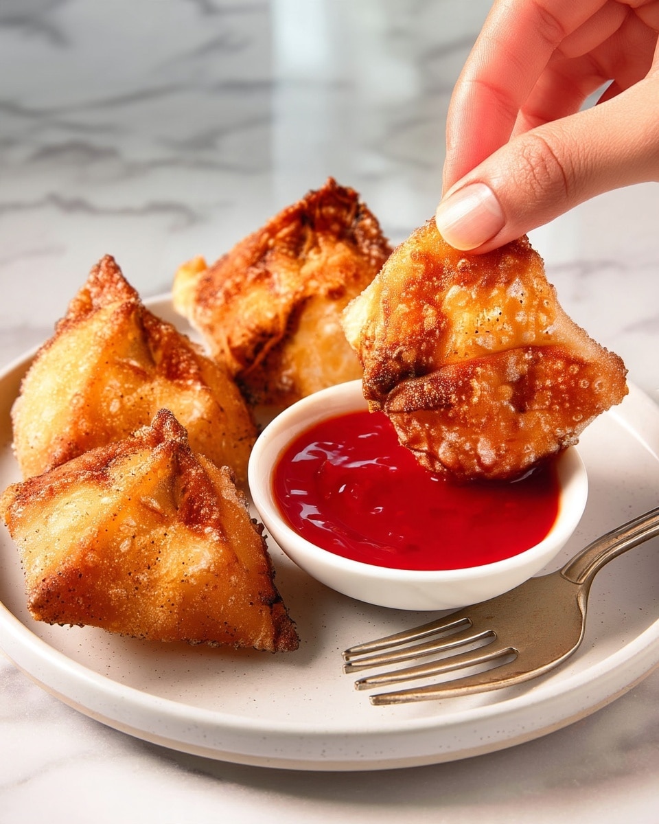 Four golden brown crispy fried wontons with a bubbly texture are placed on a white plate around a small white bowl filled with bright red sauce. A woman's hand is dipping one wonton into the sauce on a white marbled surface. A silver fork lies next to the plate. photo taken with an iphone --ar 4:5 --v 7