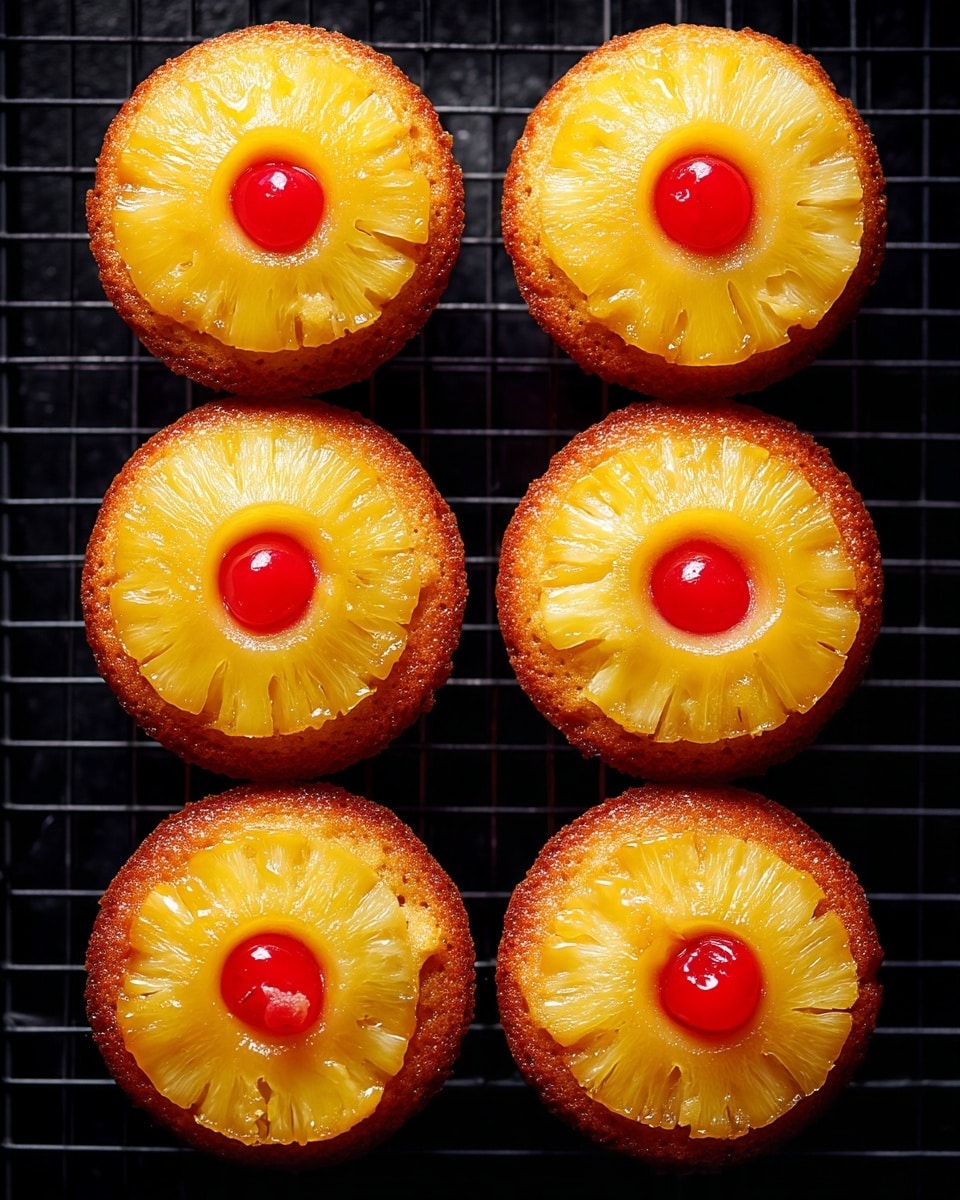 A close-up of several pineapple upside-down cupcakes arranged on a white cake stand with a slightly raised edge, each cupcake topped with a golden caramelized pineapple slice and a bright red cherry in the center. One cupcake is on a white speckled plate in the foreground, partially eaten to show its soft, light yellow cake inside with a moist texture. The surface beneath is a white marbled texture, and a small cup with light brown sauce is partially visible on the left side. Photo taken with an iphone --ar 4:5 --v 7