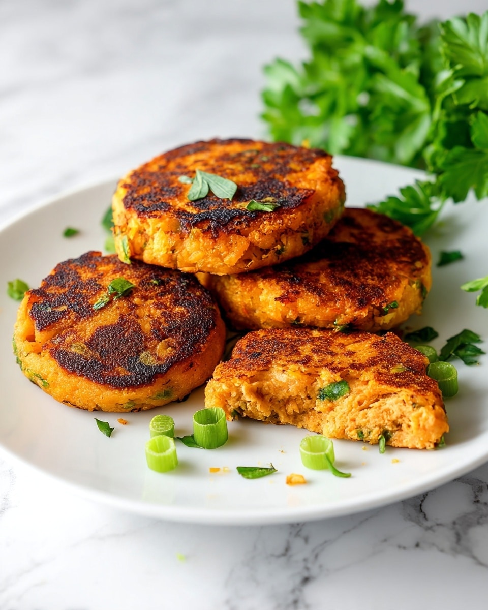 There is a white plate on a white marbled surface with four golden brown patties arranged in a loose stack towards the back. At the front, one patty is broken in half showing a soft, slightly crumbly inside with bits of green herbs throughout. The patties have a browned, slightly crispy outer texture with a warm orange hue. Small chopped green herbs are scattered on and around the patties, adding a fresh green contrast. Some green herb sprigs are also placed to the right side of the plate. photo taken with an iphone --ar 4:5 --v 7