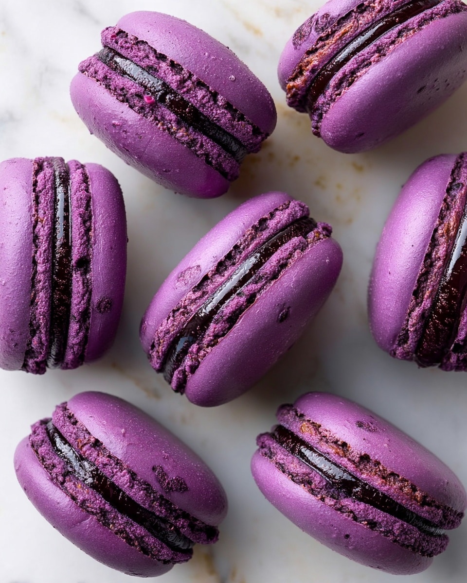 The image shows six purple macarons arranged loosely on a white marbled surface. Each macaron has two smooth, lightly textured purple shells with a crisp edge, sandwiching a darker purple creamy filling that is thick and glossy. The macarons are viewed mostly from above, with slight angles showing the side and the distinct sandwich layer in between. The shells have small air bubbles on their surface, adding a natural, homemade look to them. photo taken with an iphone --ar 4:5 --v 7