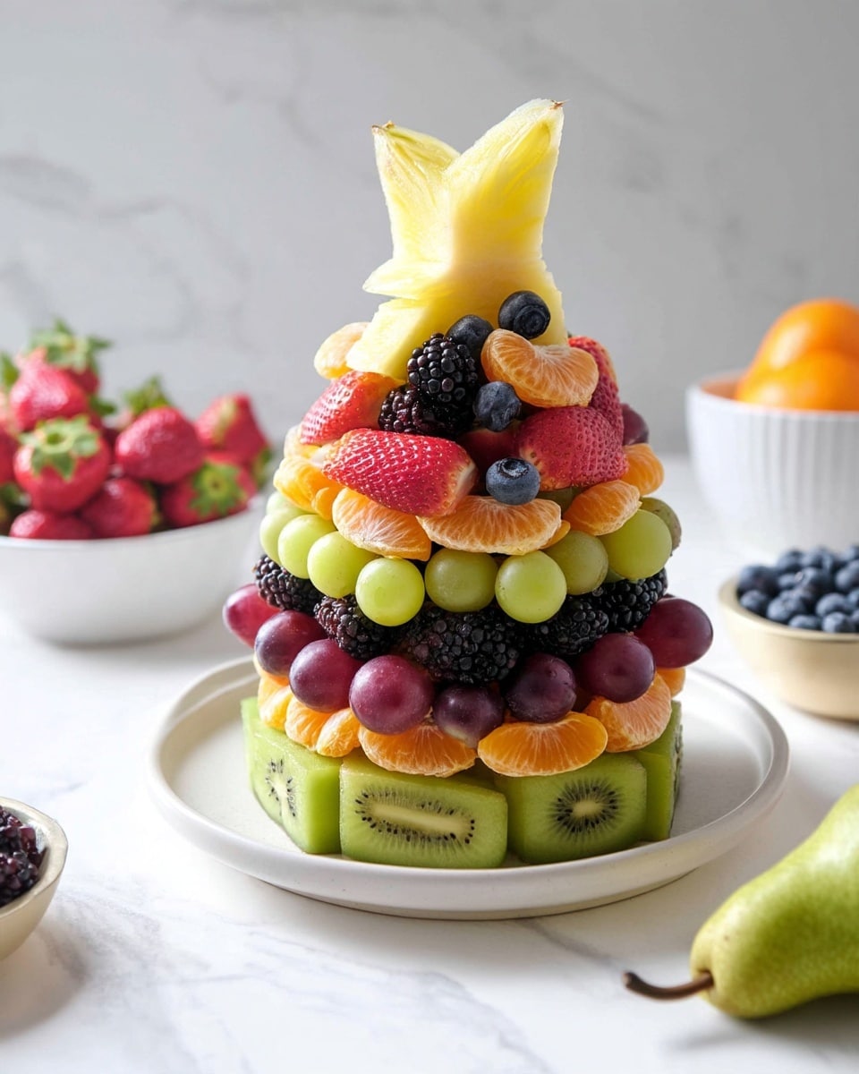 A tall fruit tower sits on a white plate on a white marbled surface. The base layer is made of green kiwi slices, and above that is a mix of green grapes, red grapes, blackberries, and halved strawberries creating a colorful, textured middle layer. Small orange mandarin slices are interspersed evenly among the fruits. The top layer has a larger piece of pineapple standing upright, adding height and a yellow brightness to the fruit tower. Around the scene are a white bowl filled with strawberries and grapes on the left, a small white bowl with blueberries on the right, and a whole green pear resting on the marble surface in front of the plate. photo taken with an iphone --ar 4:5 --v 7