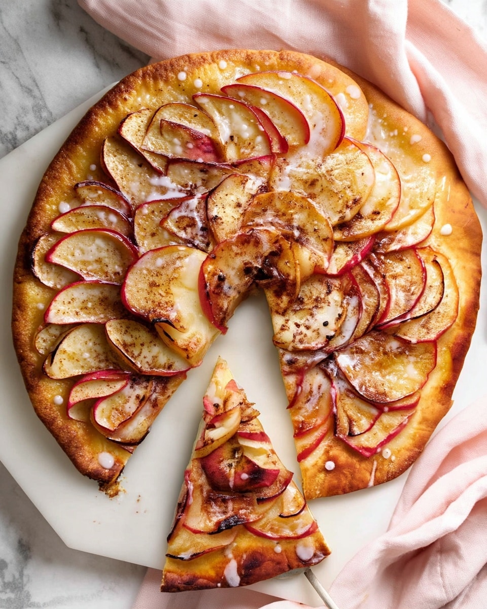 The image shows a round flatbread topped with thin slices of red apple arranged in overlapping circles covering the surface almost fully. The apples are golden-brown with a slightly caramelized look, dusted with cinnamon spices, and drizzled with a light glaze. The crust of the flatbread is golden and slightly puffed around the edges. One slice is cut and slightly pulled away, showing the layers clearly. The flatbread rests on a white marbled surface, and a silver spatula partially holds the pulled slice. A pale pink cloth is partly visible beside the flatbread. photo taken with an iphone --ar 4:5 --v 7