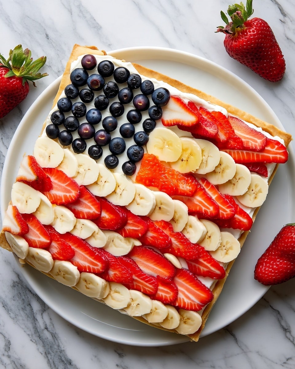 A rectangular tart is shown on a white plate, placed on a white marbled texture background. The tart has three distinct layers: the base is a light brown crust, the middle layer is smooth and creamy white filling, and the top layer has fresh fruit arranged like the American flag. In the top left corner, there is a square of blueberries tightly packed, showing a deep blue color and slight shine. The rest of the tart is covered in alternating horizontal stripes of sliced red strawberries and pale yellow banana rounds, each slice overlapping slightly. The strawberries have a glossy and juicy texture, while the banana slices are smooth and soft looking. Around the tart, there are whole strawberries with green leaves, a small white bowl with powdered sugar, and a small bowl with blueberries. Photo taken with an iphone --ar 4:5 --v 7