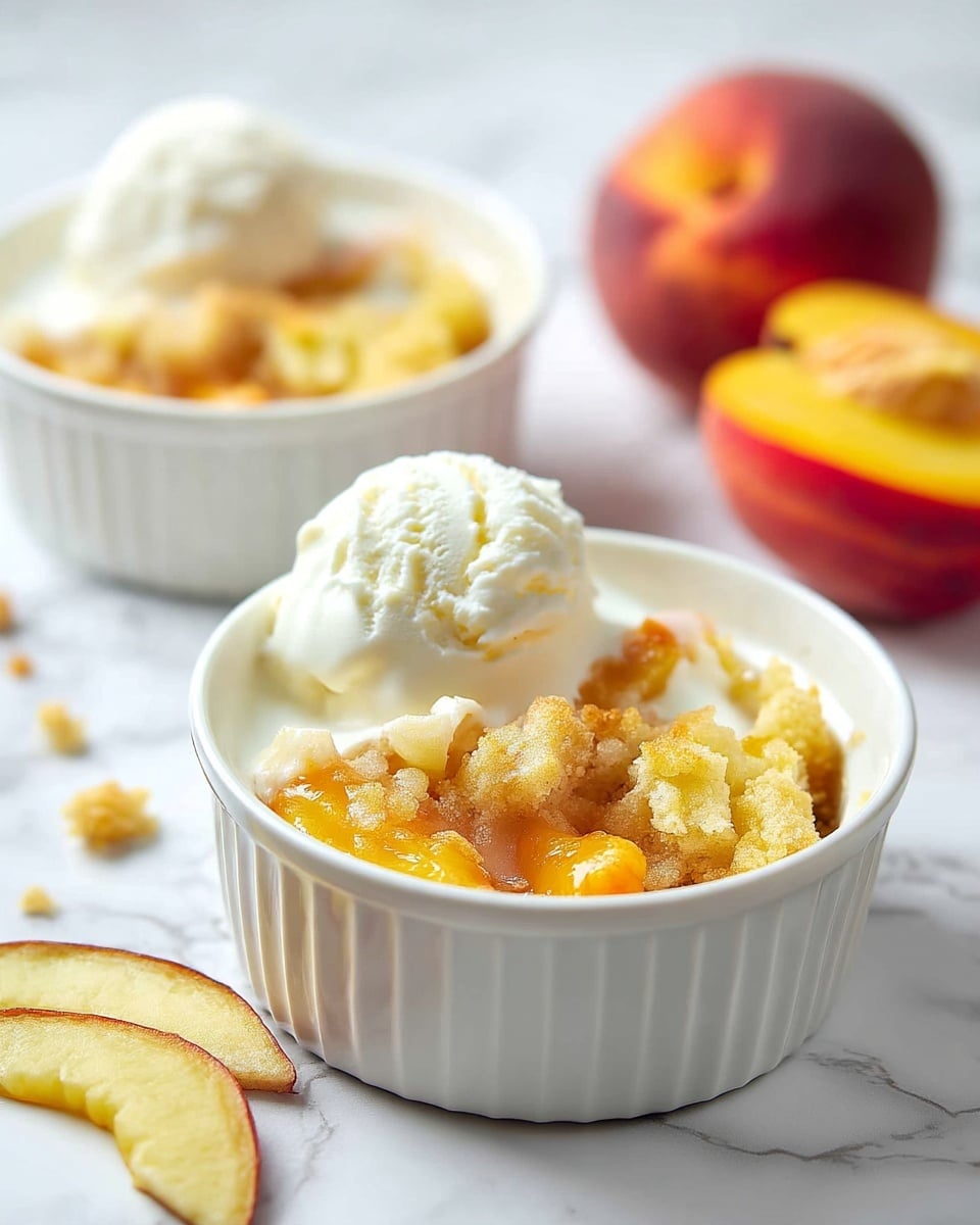 Two white ramekins hold a peach cobbler dessert set on a white marbled surface. Each ramekin has a bottom layer of golden yellow peach filling with a thick syrupy texture, topped by a crumbly, light tan streusel crust. On top of the crust rests a scoop of smooth, creamy white vanilla ice cream, starting to melt and blend slightly with the cobbler beneath. In the background, a halved peach with a visible pit and a couple of peach slices are placed casually, adding fresh fruit detail and warm orange-red tones to the setting. photo taken with an iphone --ar 4:5 --v 7