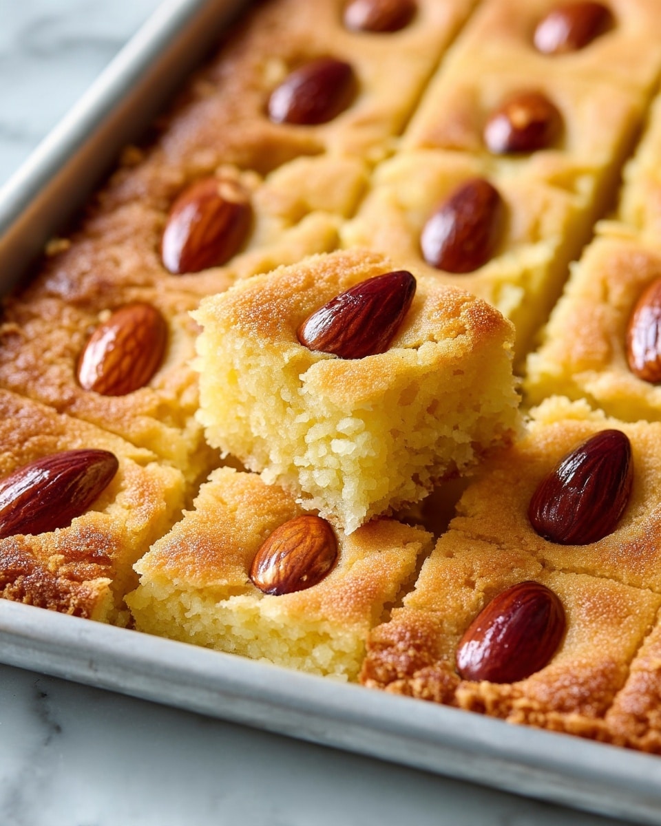 A close-up of a golden brown baked square dessert cut into smaller diamond-shaped pieces, each topped with a glossy brown almond placed in the center; the dessert has a slightly crunchy, textured top layer and a soft, dense inner layer visible where a piece is lifted above the rest, showing a pale yellow inside; the background is a white marbled texture. photo taken with an iphone --ar 4:5 --v 7
